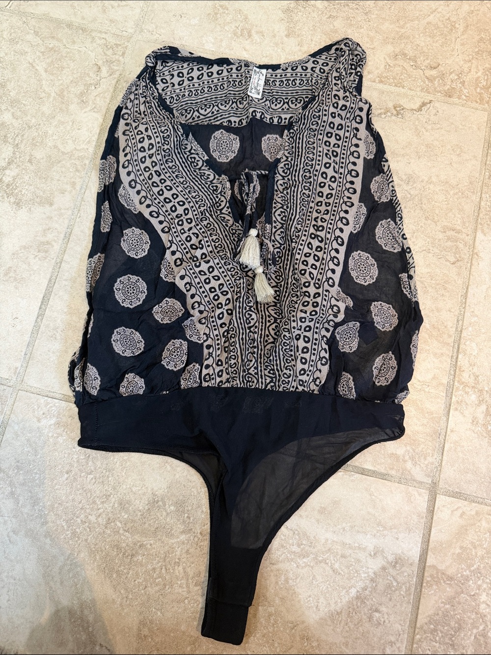 Free People Black and Cream Printed Sleeveless Bodysuit